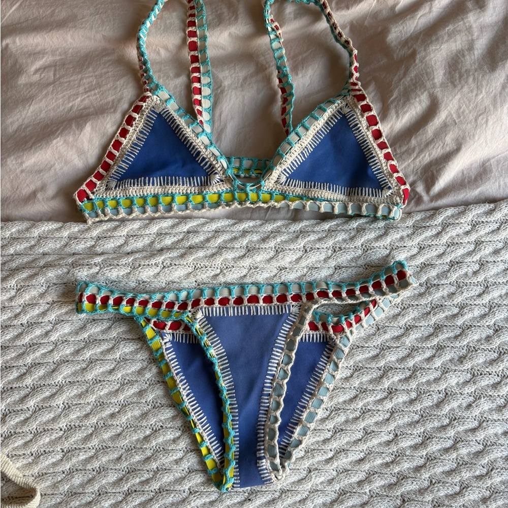 KIINI Blue Bikini with Multicolor Crochet Trim